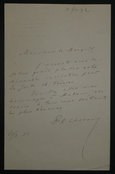 Auguste CH&Eacute;RAMY - LETTRE AUTOGRAPHE SIGN&Eacute;E &Agrave; Mr LE MARQUIS, 1882. Auguste CH&Eacute;RAMY