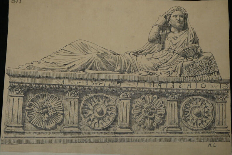 Sarcophage &eacute;trusque du Mus&eacute;e de Florence - Dessin original sign&eacute;, encre vers 1930. Louis Henri Laffill&eacute;e