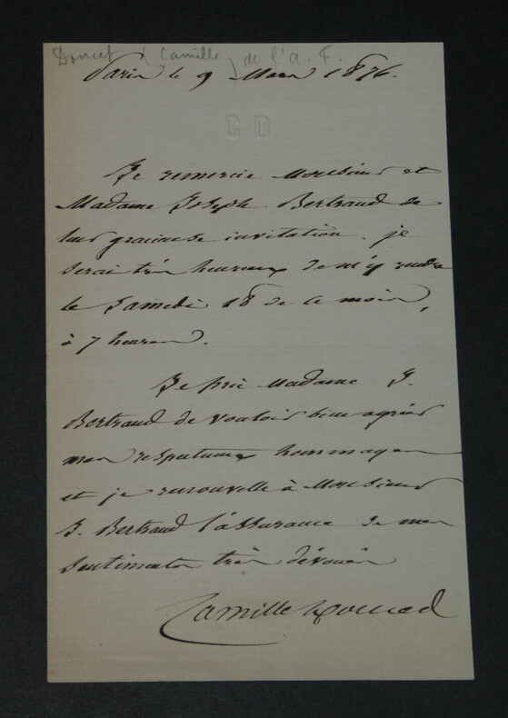 Camille DOUCET - Po&egrave;te - LETTRE AUTOGRAPHE SIGN&Eacute;E &Agrave; J. BERTRAND - Paris - 1876. Camille DOUCET