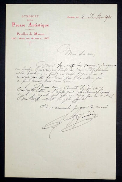 Frantz JOURDAIN, Lettre Autographe Sign&eacute;e, Syndicat de la Presse Artistique, 1921. Frantz JOURDAIN