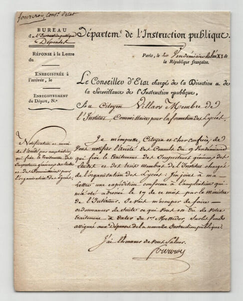 Antoine Fran&ccedil;ois Fourcroy - Lettre autographe sign&eacute;e le 12 octobre 1802. Antoine Fran&ccedil;ois Fourcroy