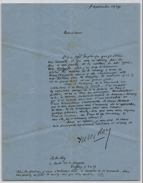 Jules Roy, Lettre autographe sign&eacute;e &eacute;voquant Nietzsche, Montherlant, etc 1934. Jules Roy