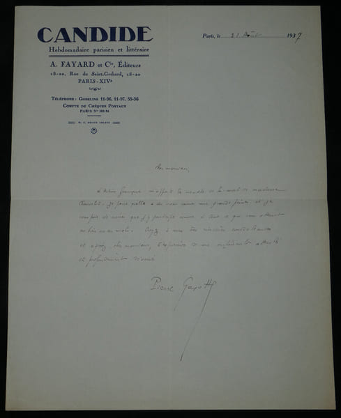 Pierre Gaxotte Lettre autographe sign&eacute;e sur papier ent&ecirc;te "Candide" 1 page 1937. Pierre Gaxotte