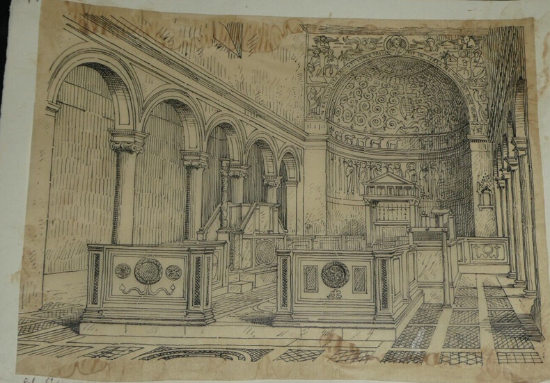 Int&eacute;rieur de l'&eacute;glise St-Clement &agrave; Rome - Dessin original sign&eacute;. Louis Henri Laffill&eacute;e