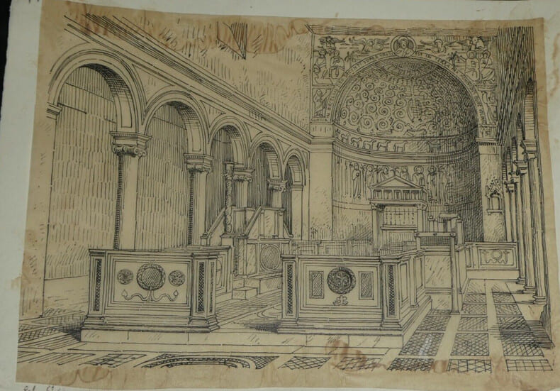 Int&eacute;rieur de l'&eacute;glise St-Clement &agrave; Rome - Dessin original sign&eacute;. Louis Henri Laffill&eacute;e