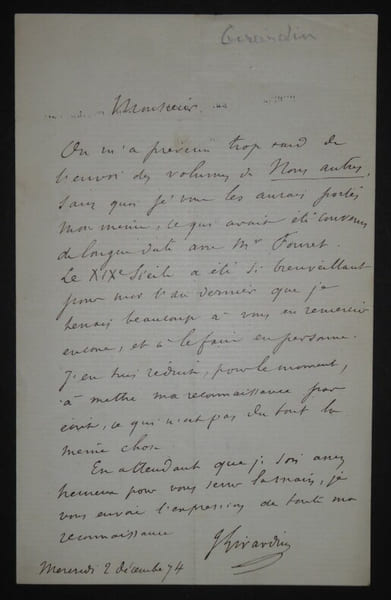 GIRARDIN Jules - LETTRE AUTOGRAPHE SIGN&Eacute;E, JOURNAL XIXe SIECLE, PARIS, 1874. Jules Girardin