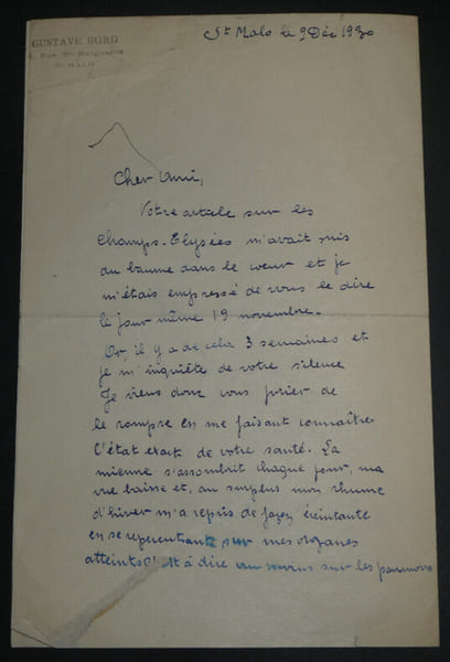 Gustave BORD, Historien - LETTRE AUTOGRAPHE SIGN&Eacute;E, Saint-Malo, 1930, 2 pages. Gustave BORD