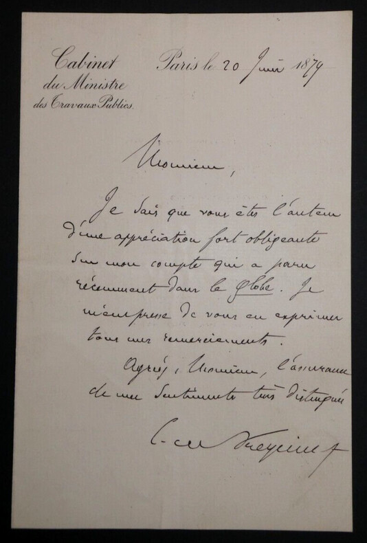 Charles Louis Saulces DE FREYCINET - LETTRE AUTOGRAPHE SIGN&Eacute;E, Paris, 1879. Charles Louis Saulces DE FREYCINET