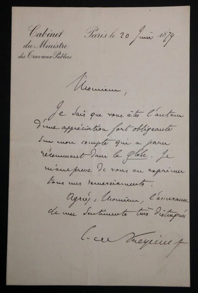 Charles Louis Saulces DE FREYCINET - LETTRE AUTOGRAPHE SIGN&Eacute;E, Paris, 1879. Charles Louis Saulces DE FREYCINET