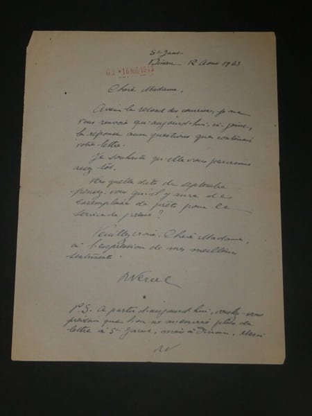 Roger VERCEL - Lettre autographe sign&eacute;e, exemplaire pour la presse, 1943. Roger VERCEL