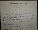 LETTRE AUTOGRAPHE SIGN&Eacute;E &Agrave; L'ABB&Eacute; MOREL, EDITIONS DU SEUIL, PARIS. Jean Cayrol