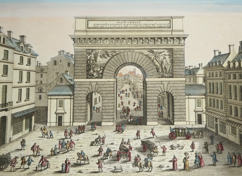 Vue d'optique - Gravure rehauss&eacute;e - La Porte St Martin sortant de Paris. Daumont