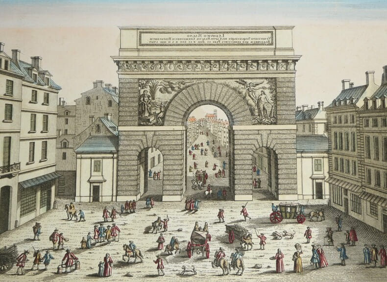 Vue d'optique - Gravure rehauss&eacute;e - La Porte St Martin sortant de Paris. Daumont