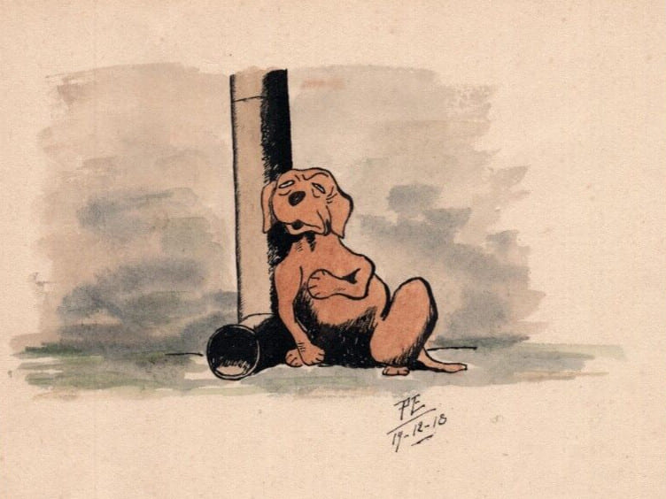 Dessin humoristique &agrave; l'encre et aquarelle d'un chien - sign&eacute;, 1918. 