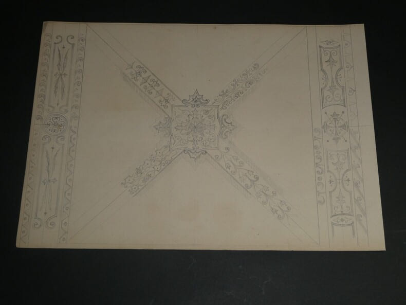 Dessin au crayon, fin XIX&egrave;me, Garret, d&eacute;corateurs, Vesoul , D&eacute;cor floral plafond. Famille Garret