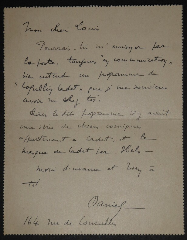 CARTE LETTRE AUTOGRAPHE SIGN&Eacute;E, &Agrave; Louis ROBIN, 1907. DE LOSQUES Daniel