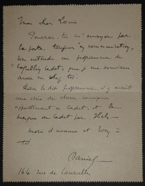CARTE LETTRE AUTOGRAPHE SIGN&Eacute;E, &Agrave; Louis ROBIN, 1907. DE LOSQUES Daniel