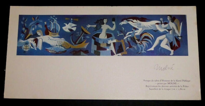 Carte de vœux sign&eacute;e et illustr&eacute;e de la Fresque du salon d'Honneur de la S&ucirc;ret&eacute; Publique. Luis Moln&eacute; Vidal
