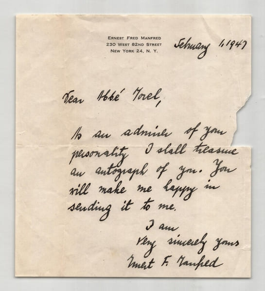 Ernest Fred Manfred - Lettre autographe sign&eacute;e &agrave; l'Abb&eacute; Morel - 1947. Ernest Fred Manfred