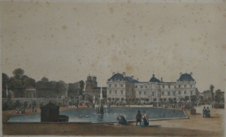 Gravure couleur Palais du Luxembourg jardin - J. Jacottet et Auguste Bry - Paris. J. Jacottet et Auguste Bry