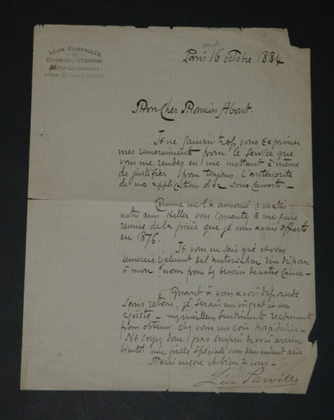 L&eacute;on Parvill&eacute;e - Lettre autographe sign&eacute;e - C&eacute;ramique d&eacute;corative - 1884. L&eacute;on Parvill&eacute;e
