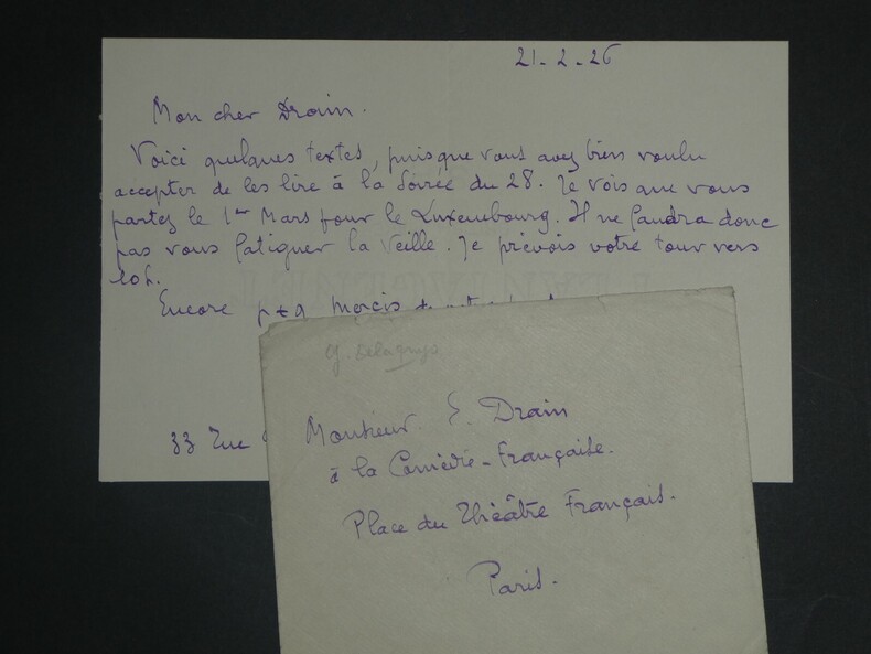 Georges DELAQUYS LETTRE AUTOGRAPHE SIGN&Eacute;E &agrave; &Eacute;mile DRAIN, Com&eacute;die Fran&ccedil;aise 1926. Georges DELAQUYS