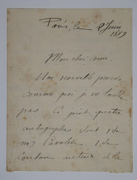 LETTRE AUTOGRAPHE SIGN&Eacute;E, PARIS, JUIN 1889. Corneille Theunissen