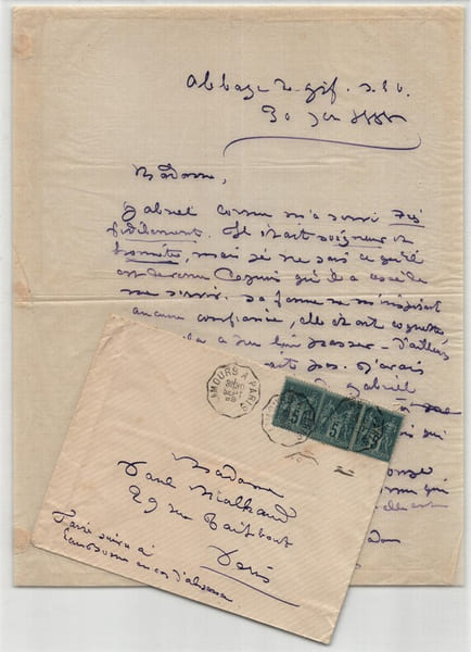 Juliette Adam - Lettre autographe sign&eacute;e - Abbaye de Gif, 1888. Juliette Adam