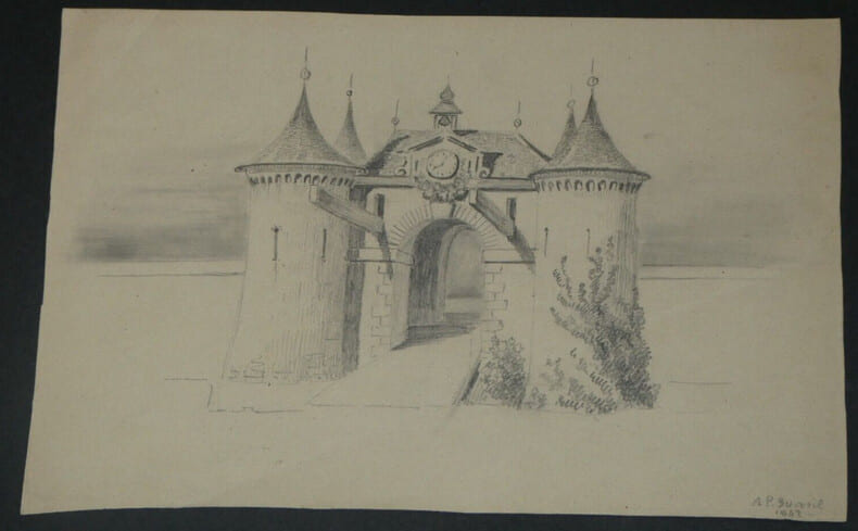 Dessin au crayon - Porche de Forteresse - 1842. 
