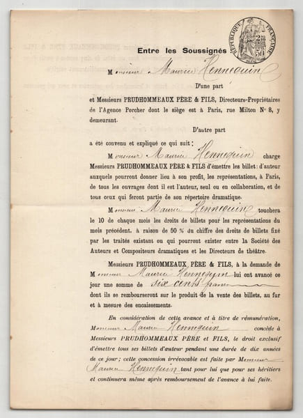 Pouvoir sign&eacute; par Maurice Hennequin – Collection de 50 auteurs & musiciens. Maurice Hennequin