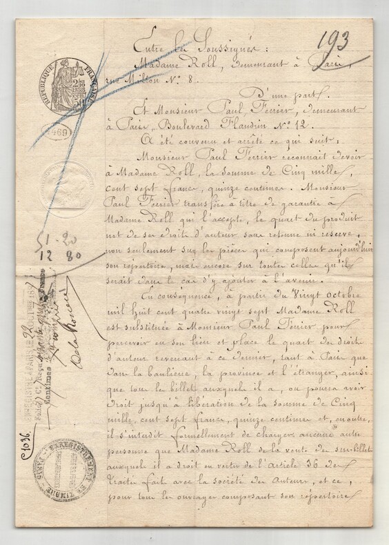 Pouvoir manuscrit sign&eacute; par Paul Ferrier – Collection de 50 auteurs & musiciens. Paul Ferrier
