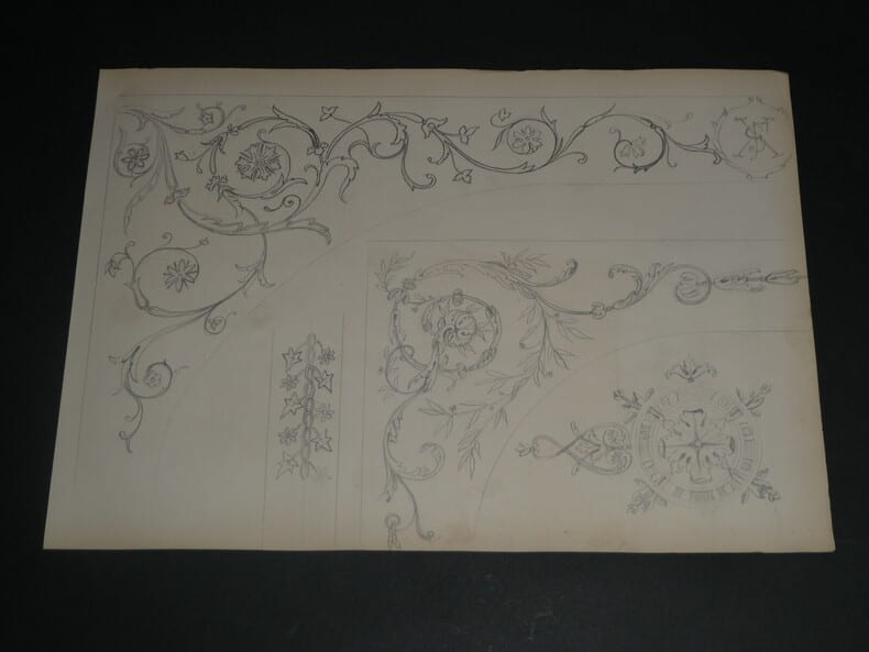 Dessin au crayon, fin XIX&egrave;me, Garret, d&eacute;corateurs, Vesoul Projet d&eacute;cor floral. Garret