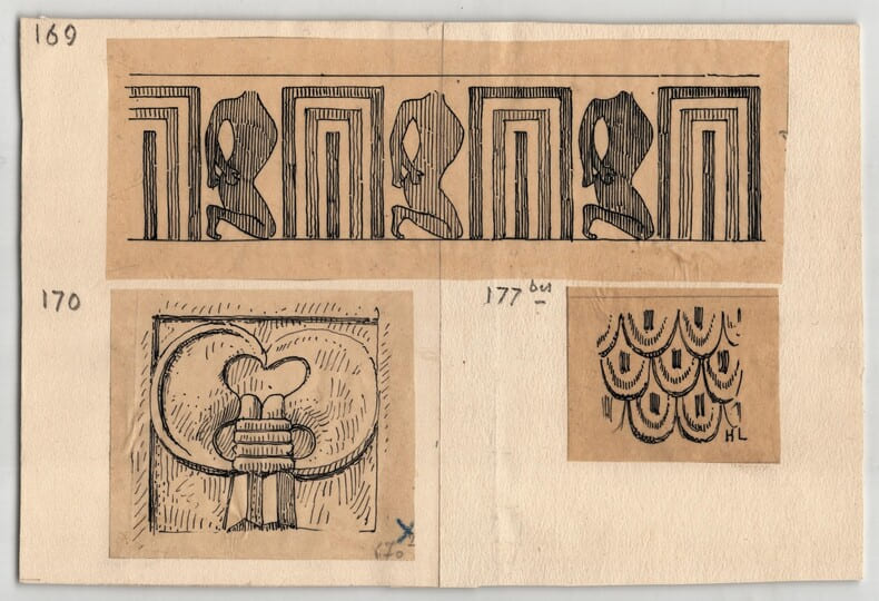 Dessins originaux - Frise tombe royale de Th&egrave;bes, Bouquet de lotus memphite, Ornement robe porteuse d'offrandes - vers 1930. Louis Henri Laffill&eacute;e