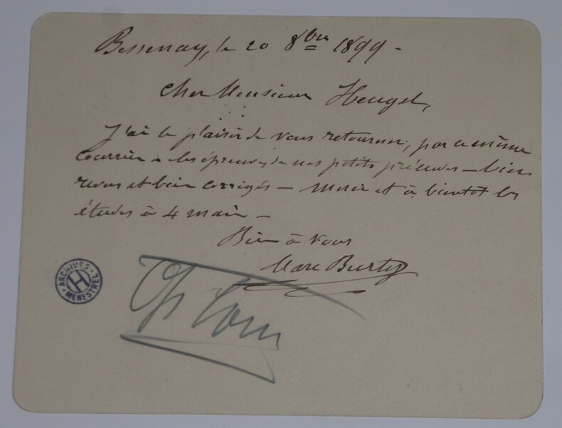 BURTY Marc - LETTRE AUTOGRAPHE SIGNEE &Agrave; Henri HEUGEL, BESSENAY, 1899. Marc Burty