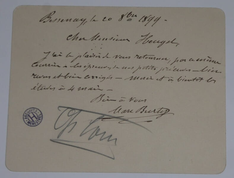 BURTY Marc - LETTRE AUTOGRAPHE SIGNEE &Agrave; Henri HEUGEL, BESSENAY, 1899. Marc Burty