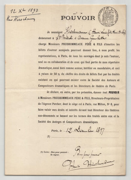Pouvoir sign&eacute; Henri Hirschmann – Collection coh&eacute;rente de 50 auteurs & musiciens. Henri Hirschmann (dit Henri Herblay)