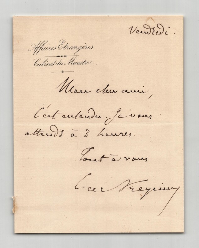 Charles-Louis de Saulces de Freycinet - Billet autographe sign&eacute;. Charles-Louis de Saulces de Freycinet