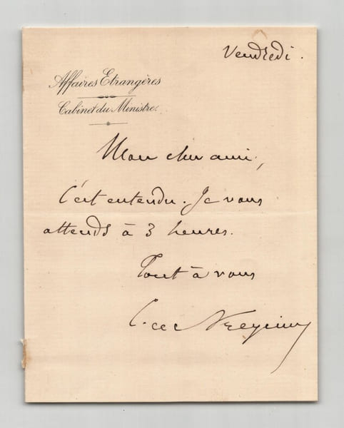 Charles-Louis de Saulces de Freycinet - Billet autographe sign&eacute;. Charles-Louis de Saulces de Freycinet