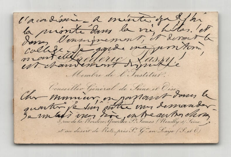 Fr&eacute;d&eacute;ric Passy - Carte de visite autographe - Candidature au coll&egrave;ge de France. Fr&eacute;d&eacute;ric Passy