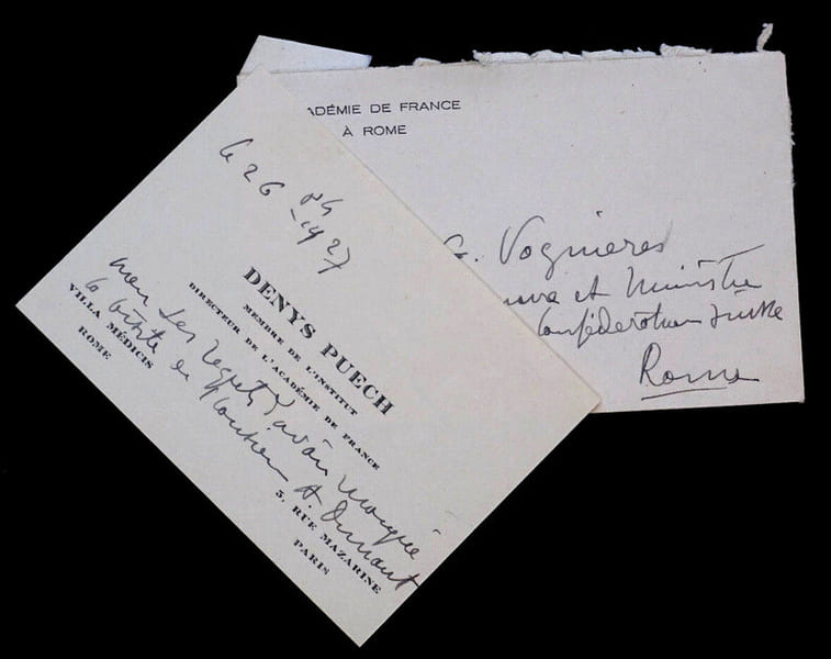 Denys PUECH - CARTE DE VISITE AUTOGRAPHE SIGN&Eacute;E &Agrave; G. [VOGUI&Egrave;RES], 1927. Denys PUECH