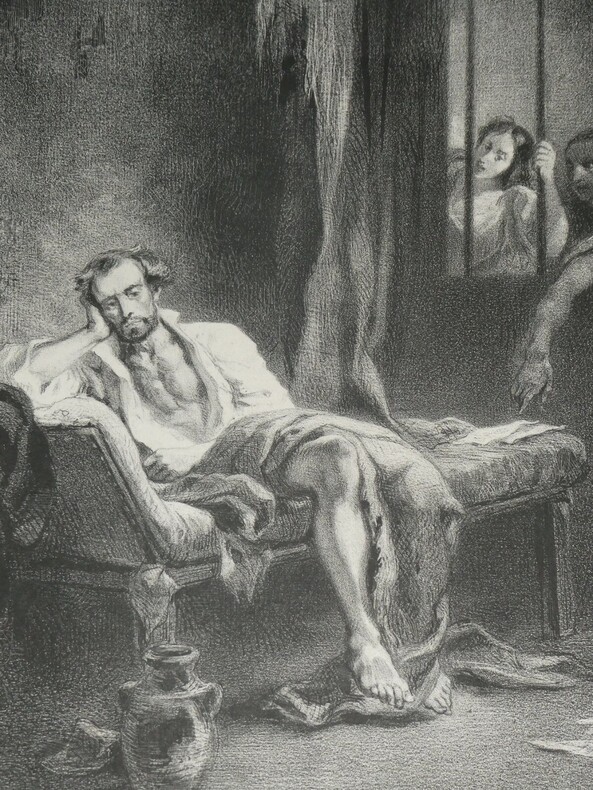 La Tasse en Prison, grav&eacute; par Adolphe Mouilleron et imprim&eacute; par Berlants. Eug&egrave;ne Delacroix