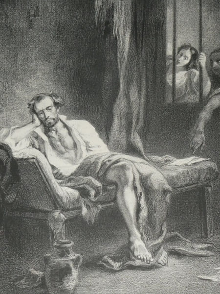 La Tasse en Prison, grav&eacute; par Adolphe Mouilleron et imprim&eacute; par Berlants. Eug&egrave;ne Delacroix
