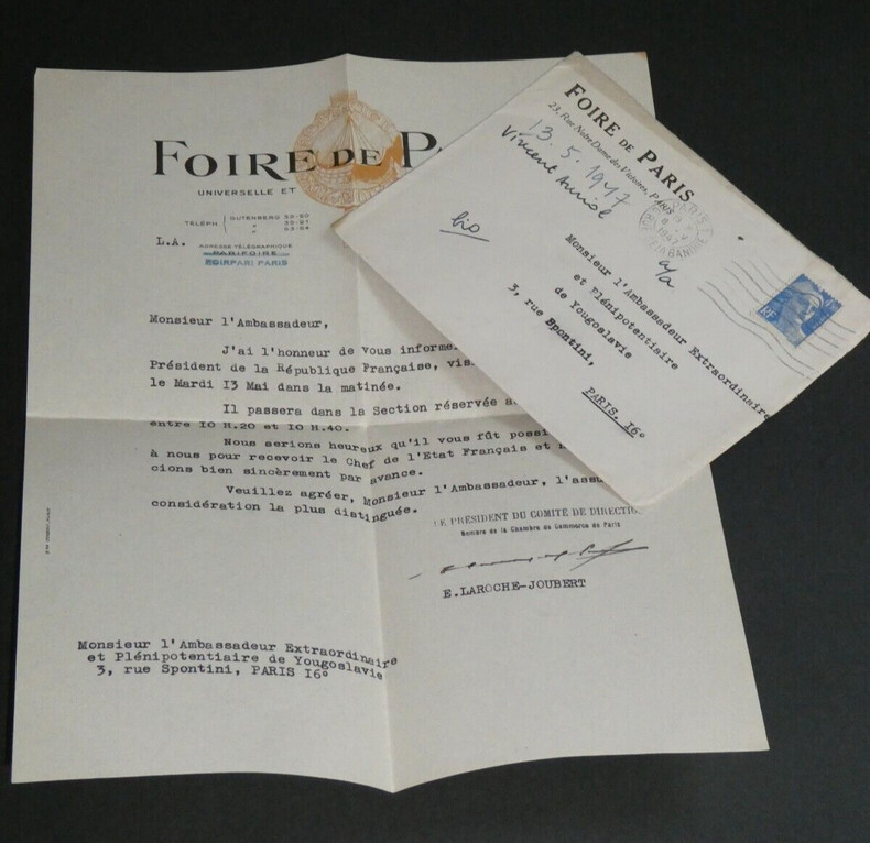 Edmond Laroche-Joubert, LETTRE SIGN&Eacute;E, Foire de Paris, 1947, Vincent Auriol. Edmond Laroche-Joubert
