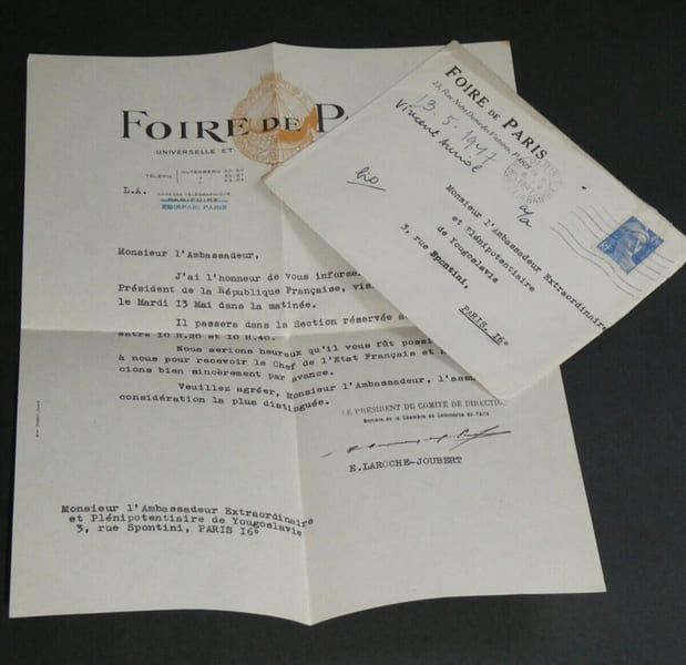 Edmond Laroche-Joubert, LETTRE SIGN&Eacute;E, Foire de Paris, 1947, Vincent Auriol. Edmond Laroche-Joubert