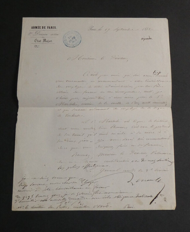 Pierre Hippolyte RENAULT, G&eacute;n&eacute;ral - LETTRE AUTOGRAPHE SIGN&Eacute;E, 1852. Pierre Hippolyte RENAULT