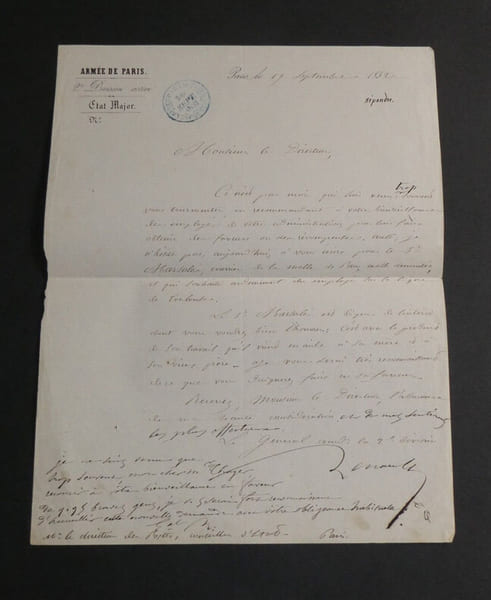 Pierre Hippolyte RENAULT, G&eacute;n&eacute;ral - LETTRE AUTOGRAPHE SIGN&Eacute;E, 1852. Pierre Hippolyte RENAULT
