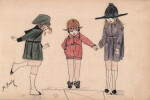 Dessin au crayon de couleur de trois jeunes filles en tenue &eacute;l&eacute;gante sign&eacute;e. 