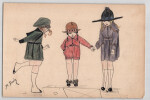 Dessin au crayon de couleur de trois jeunes filles en tenue &eacute;l&eacute;gante sign&eacute;e. 
