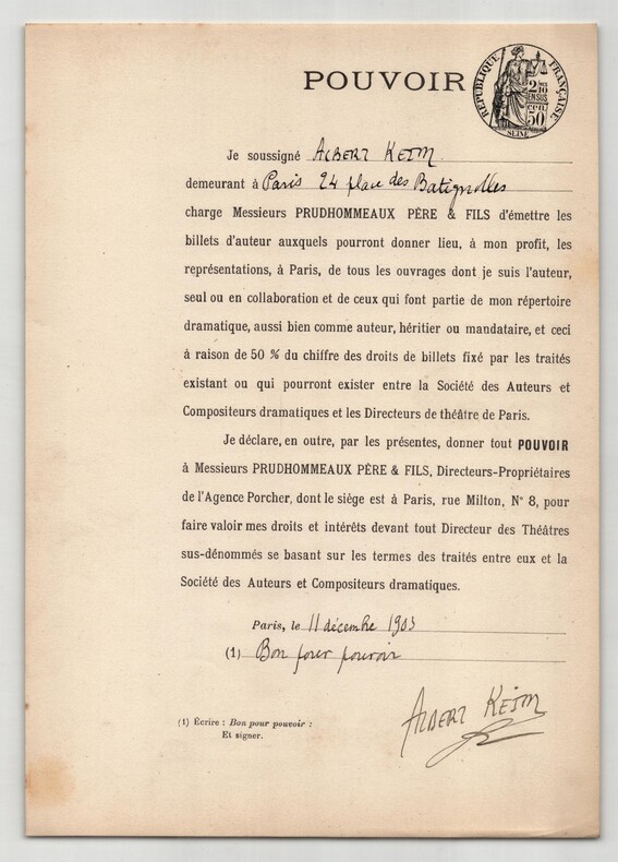 Pouvoir sign&eacute; par Albert Keim – Collection coh&eacute;rente de 50 auteurs & musiciens. Albert Keim