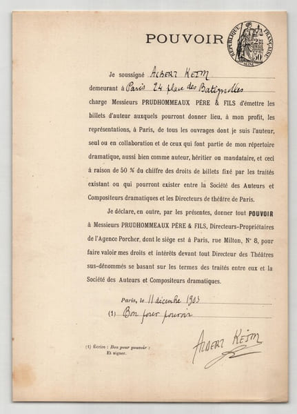 Pouvoir sign&eacute; par Albert Keim – Collection coh&eacute;rente de 50 auteurs & musiciens. Albert Keim
